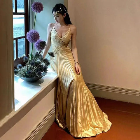 New Pleated Spaghetti Strap Long Beaded Stone Rhinestone Dress CODE: KAR3034