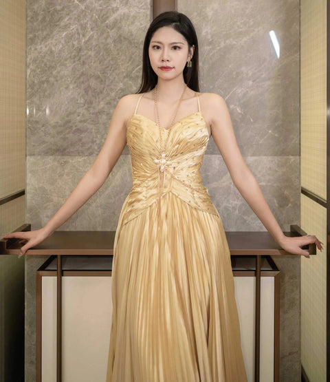 New Pleated Spaghetti Strap Long Beaded Stone Rhinestone Dress CODE: KAR3034