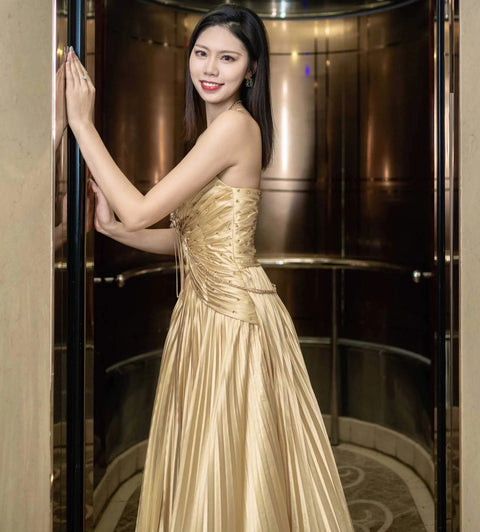New Pleated Spaghetti Strap Long Beaded Stone Rhinestone Dress CODE: KAR3034