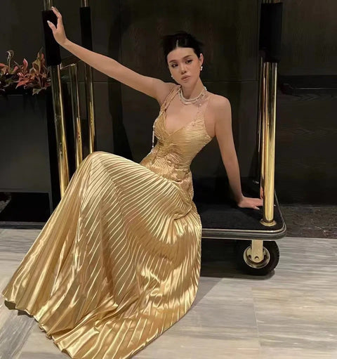 New Pleated Spaghetti Strap Long Beaded Stone Rhinestone Dress CODE: KAR3034