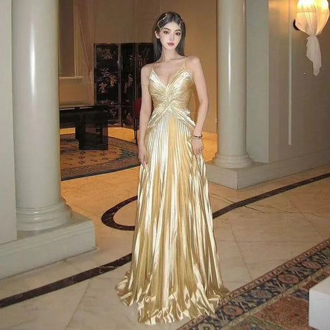 New Pleated Spaghetti Strap Long Beaded Stone Rhinestone Dress CODE: KAR3034