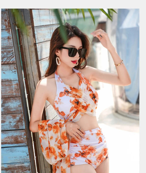 New Floral Print Halter Bikini Ruffle Swimsuit 3 Pieces Swimwear CODE: KAR3039