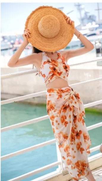 New Floral Print Halter Bikini Ruffle Swimsuit 3 Pieces Swimwear CODE: KAR3039