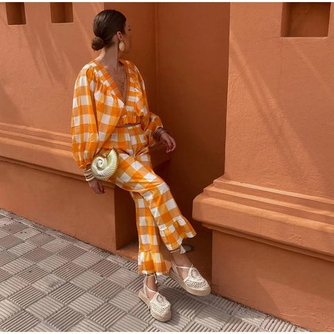 New Deep V Neck Long Sleeve Crop Tops High Waist Print Pants 2 Piece Set CODE: KAR3041