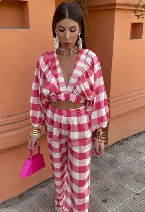 New Deep V Neck Long Sleeve Crop Tops High Waist Print Pants 2 Piece Set CODE: KAR3041