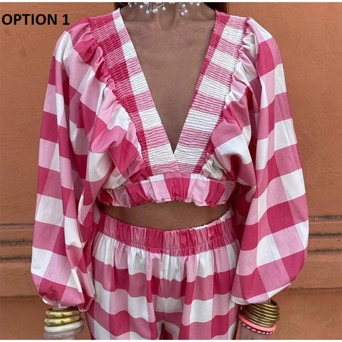 New Deep V Neck Long Sleeve Crop Tops High Waist Print Pants 2 Piece Set CODE: KAR3041