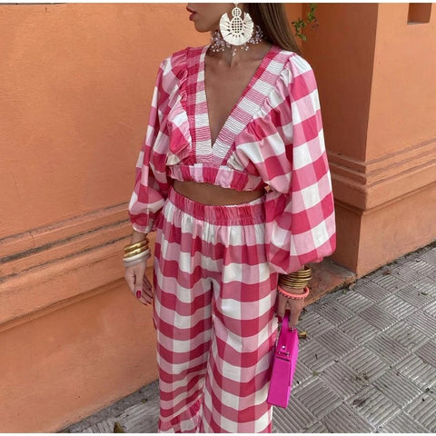 New Deep V Neck Long Sleeve Crop Tops High Waist Print Pants 2 Piece Set CODE: KAR3041