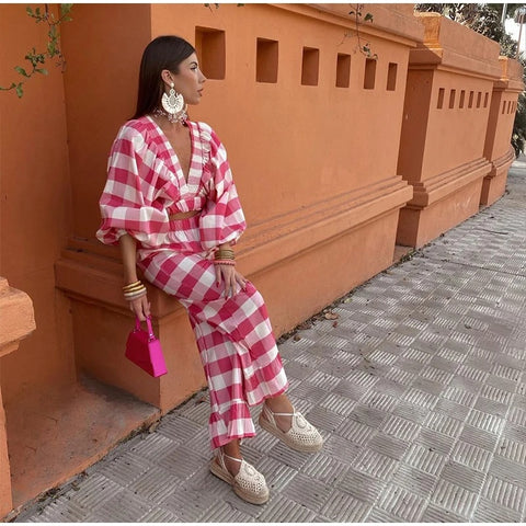 New Deep V Neck Long Sleeve Crop Tops High Waist Print Pants 2 Piece Set CODE: KAR3041