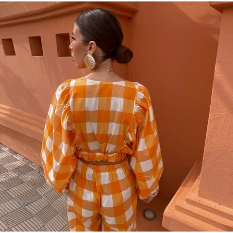 New Deep V Neck Long Sleeve Crop Tops High Waist Print Pants 2 Piece Set CODE: KAR3041