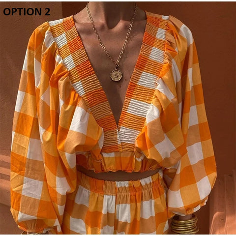 New Deep V Neck Long Sleeve Crop Tops High Waist Print Pants 2 Piece Set CODE: KAR3041