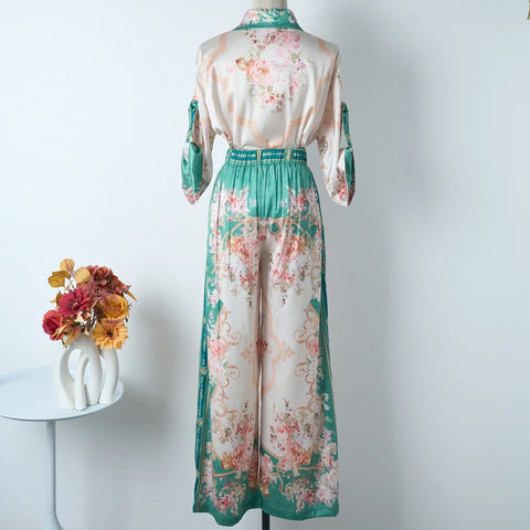 Summer New Holiday Style Green Retro Printed Shirt Two-Piece SET CODE: KAR3042