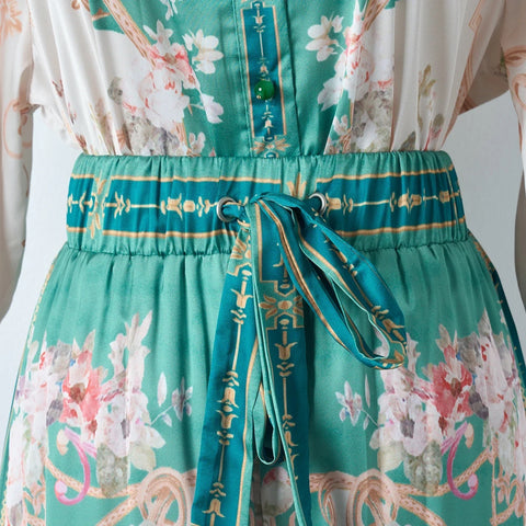 Summer New Holiday Style Green Retro Printed Shirt Two-Piece SET CODE: KAR3042