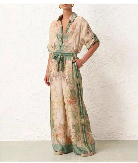 Summer New Holiday Style Green Retro Printed Shirt Two-Piece SET CODE: KAR3042