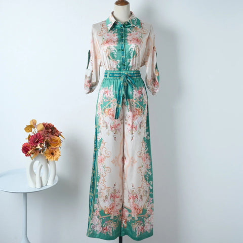 Summer New Holiday Style Green Retro Printed Shirt Two-Piece SET CODE: KAR3042