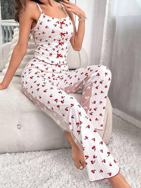 New Sheer Mesh Loungewear Heart Print Cami Top and Elastic Waist Pant Set CODE: KAR3043
