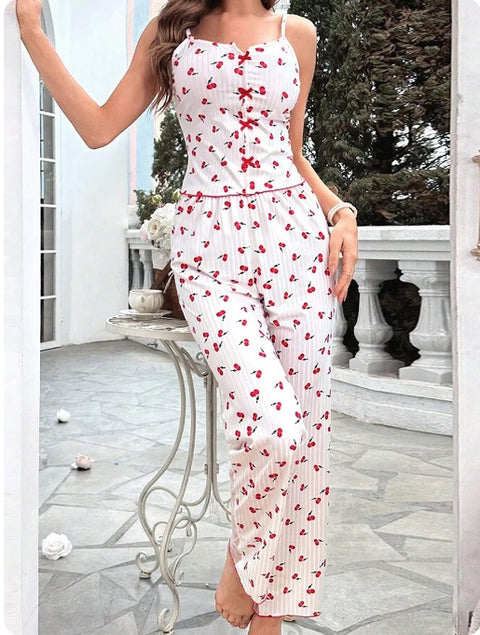 New Sheer Mesh Loungewear Heart Print Cami Top and Elastic Waist Pant Set CODE: KAR3043