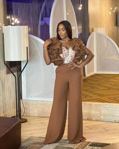 New Ruffle Edge V-neck Printed Wide Leg Pants Jumpsuit CODE: KAR3045