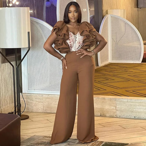 New Ruffle Edge V-neck Printed Wide Leg Pants Jumpsuit CODE: KAR3045