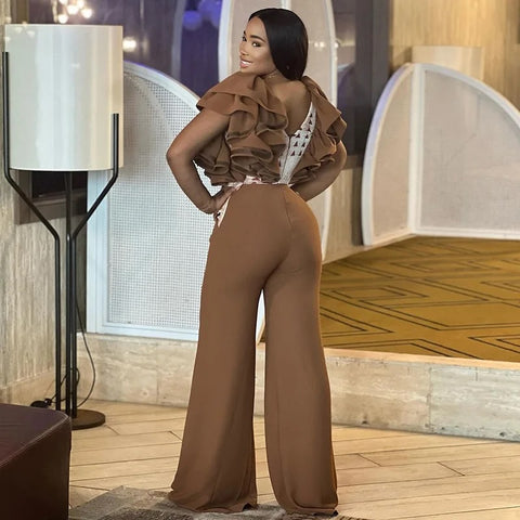 New Ruffle Edge V-neck Printed Wide Leg Pants Jumpsuit CODE: KAR3045