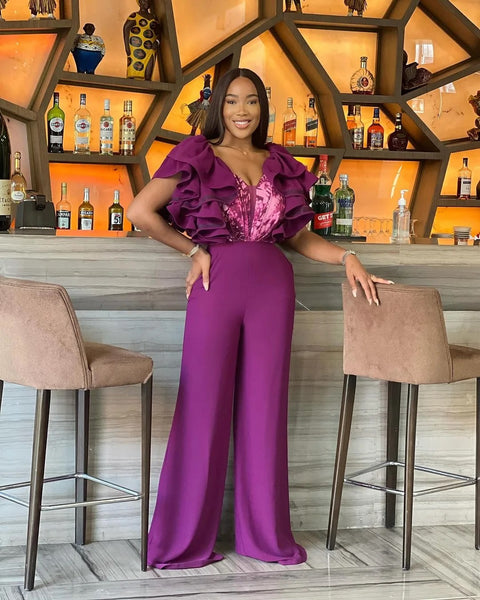 New Ruffle Edge V-neck Printed Wide Leg Pants Jumpsuit CODE: KAR3045