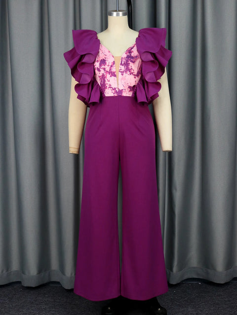 New Ruffle Edge V-neck Printed Wide Leg Pants Jumpsuit CODE: KAR3045