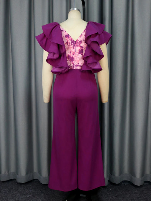 New Ruffle Edge V-neck Printed Wide Leg Pants Jumpsuit CODE: KAR3045