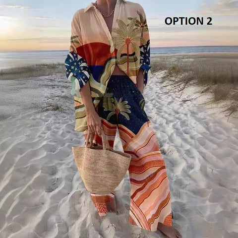 New Casual Street Pocket Long Pants Printed Single Breasted Shirt Two Piece Sets CODE: KAR3055