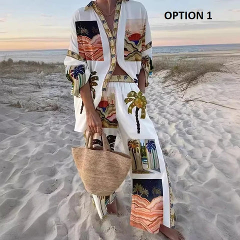 New Casual Street Pocket Long Pants Printed Single Breasted Shirt Two Piece Sets CODE: KAR3055