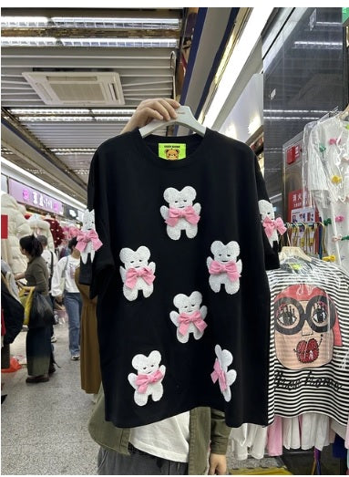 New Cartoon Embroidered Mid-Length Short-Sleeved Loose Bow Top CODE: KAR3057