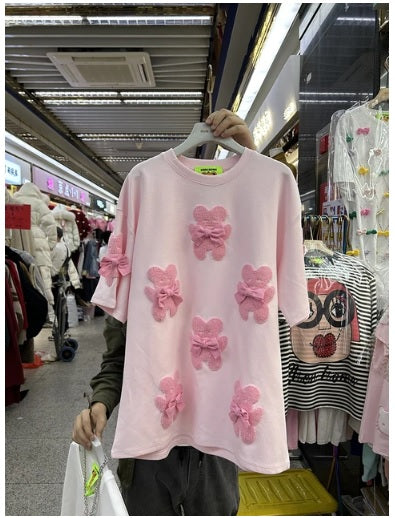 New Cartoon Embroidered Mid-Length Short-Sleeved Loose Bow Top CODE: KAR3057