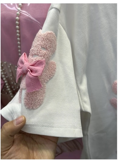 New Cartoon Embroidered Mid-Length Short-Sleeved Loose Bow Top CODE: KAR3057