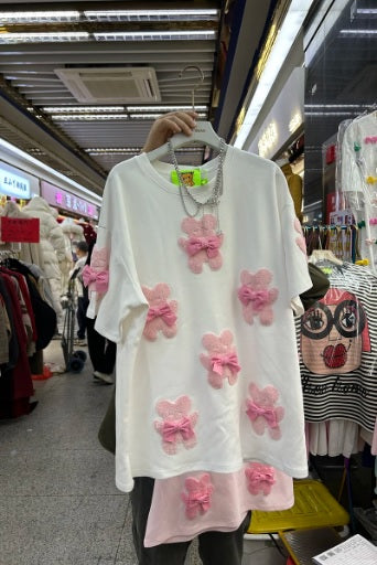 New Cartoon Embroidered Mid-Length Short-Sleeved Loose Bow Top CODE: KAR3057