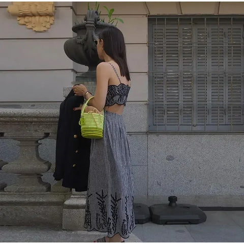 New Plaid Spaghetti Strap Chic Backless Sleeveless Bodycon Robes Maxi Dress CODE: KAR3058