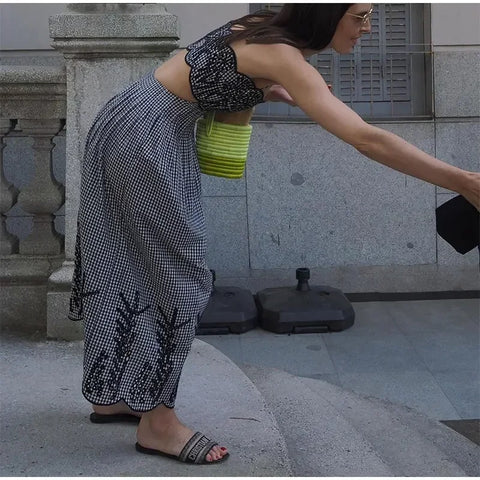 New Plaid Spaghetti Strap Chic Backless Sleeveless Bodycon Robes Maxi Dress CODE: KAR3058