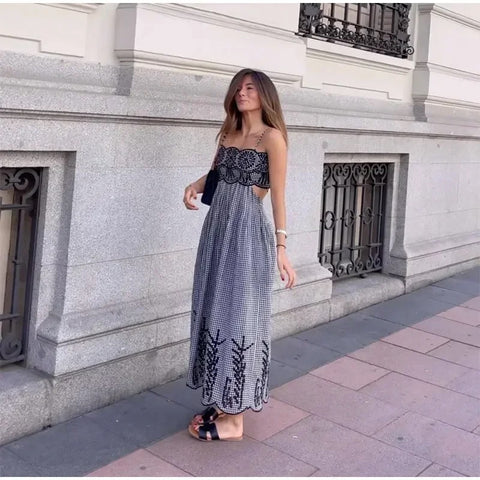 New Plaid Spaghetti Strap Chic Backless Sleeveless Bodycon Robes Maxi Dress CODE: KAR3058