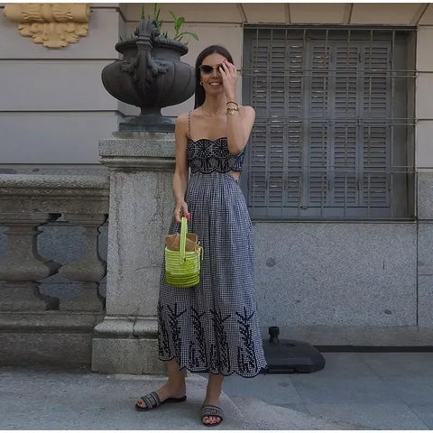 New Plaid Spaghetti Strap Chic Backless Sleeveless Bodycon Robes Maxi Dress CODE: KAR3058