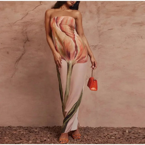 Strapless Printed Sexy Backless Sleeveless Bodycon Long Dress CODE: KAR3059