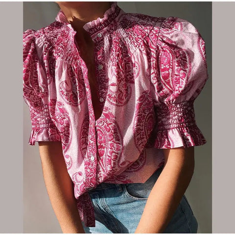 New Pleated Short Puff Sleeved Single Breasted Elegant Top CODE: KAR3060