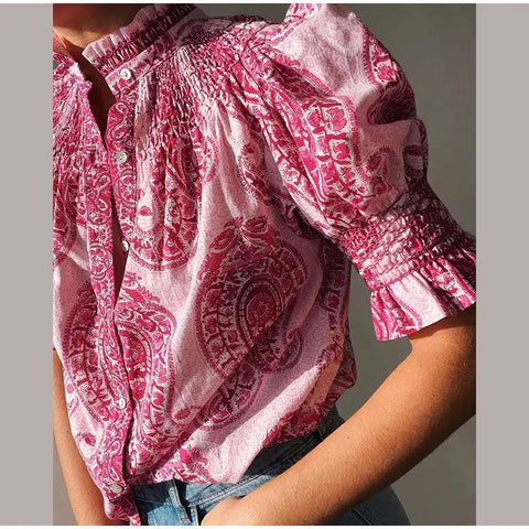 New Pleated Short Puff Sleeved Single Breasted Elegant Top CODE: KAR3060
