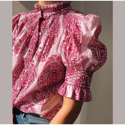 New Pleated Short Puff Sleeved Single Breasted Elegant Top CODE: KAR3060