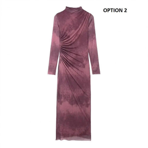 New Pleated Midi Slim Fit Solid Color Long Sleeve Dress CODE: KAR3064