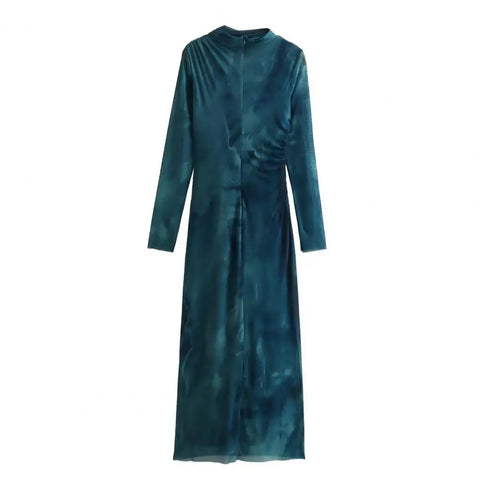 New Pleated Midi Slim Fit Solid Color Long Sleeve Dress CODE: KAR3064