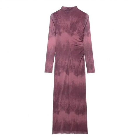 New Pleated Midi Slim Fit Solid Color Long Sleeve Dress CODE: KAR3064