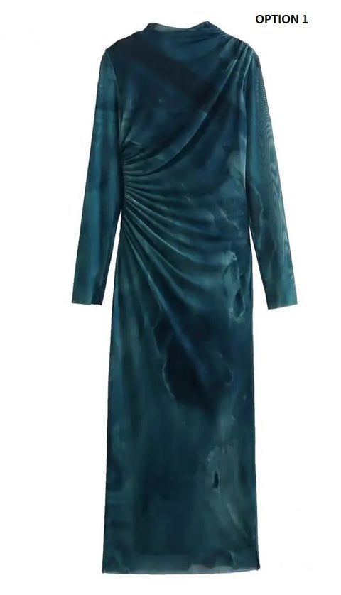 New Pleated Midi Slim Fit Solid Color Long Sleeve Dress CODE: KAR3064