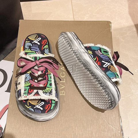 Summer Graffiti Mules Street Platform Slippers CODE: KAR3066
