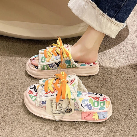 Summer Graffiti Mules Street Platform Slippers CODE: KAR3066