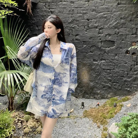 Summer Fashion Printed Shirt Wind Quality Elastic Waist Short Casual Two Piece Set CODE: KAR3079