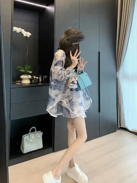 Summer Fashion Printed Shirt Wind Quality Elastic Waist Short Casual Two Piece Set CODE: KAR3079