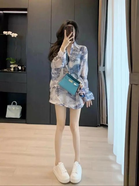 Summer Fashion Printed Shirt Wind Quality Elastic Waist Short Casual Two Piece Set CODE: KAR3079