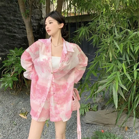 Summer Fashion Printed Shirt Wind Quality Elastic Waist Short Casual Two Piece Set CODE: KAR3079